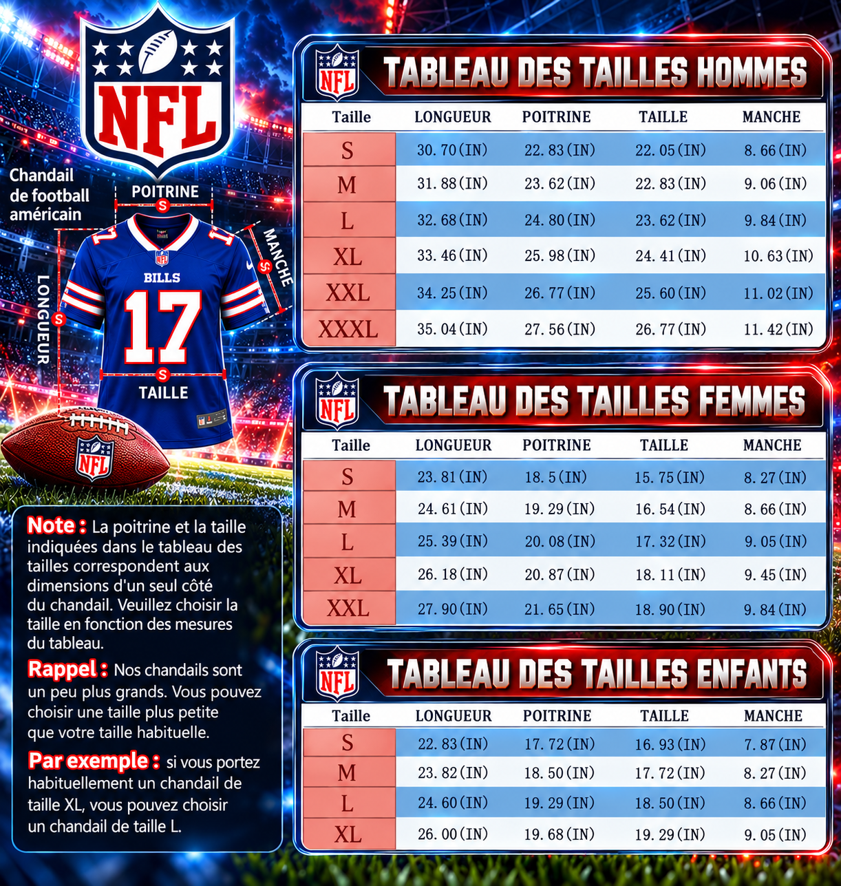 Tableau des tailles NFL en pouces : hommes du S au XXXL, femmes du S au XXL, enfants du S au XL