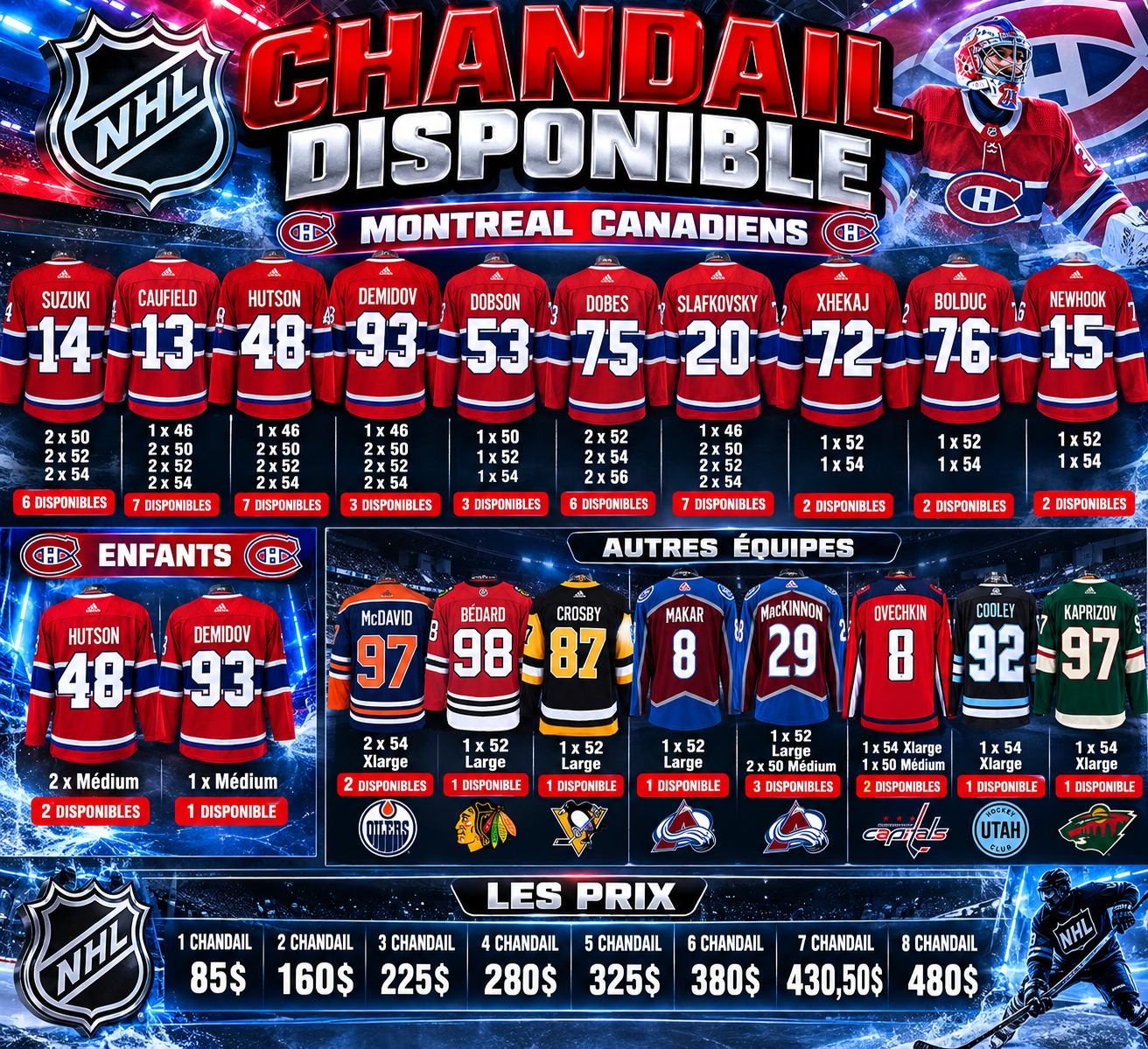 Affiche « Chandail disponible » : chandails des Canadiens de Montréal, section enfants, autres équipes et prix