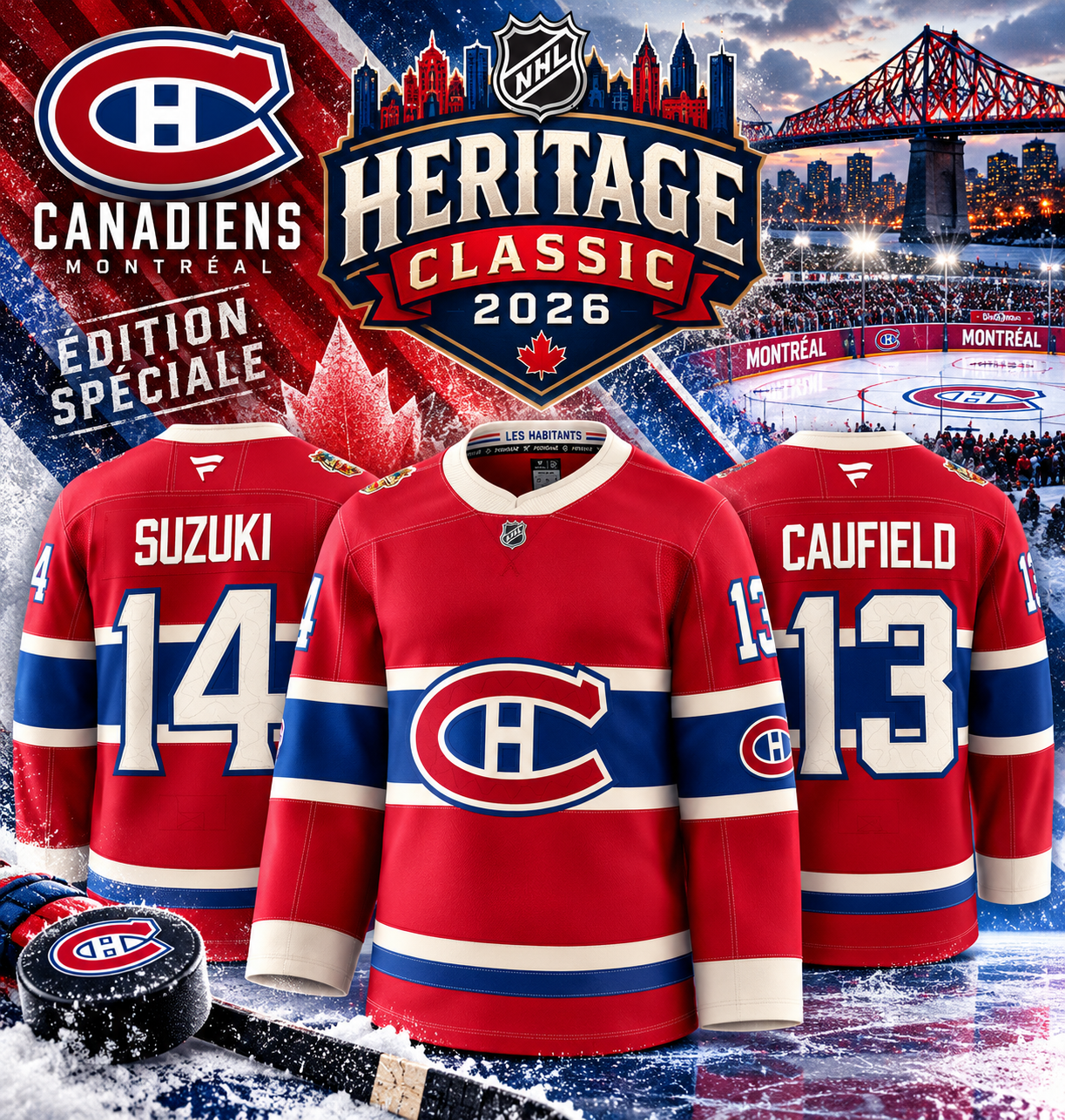 Affiche « NHL Heritage Classic 2026 » : chandails édition spéciale des Canadiens de Montréal, Suzuki 14, face avant et Caufield 13