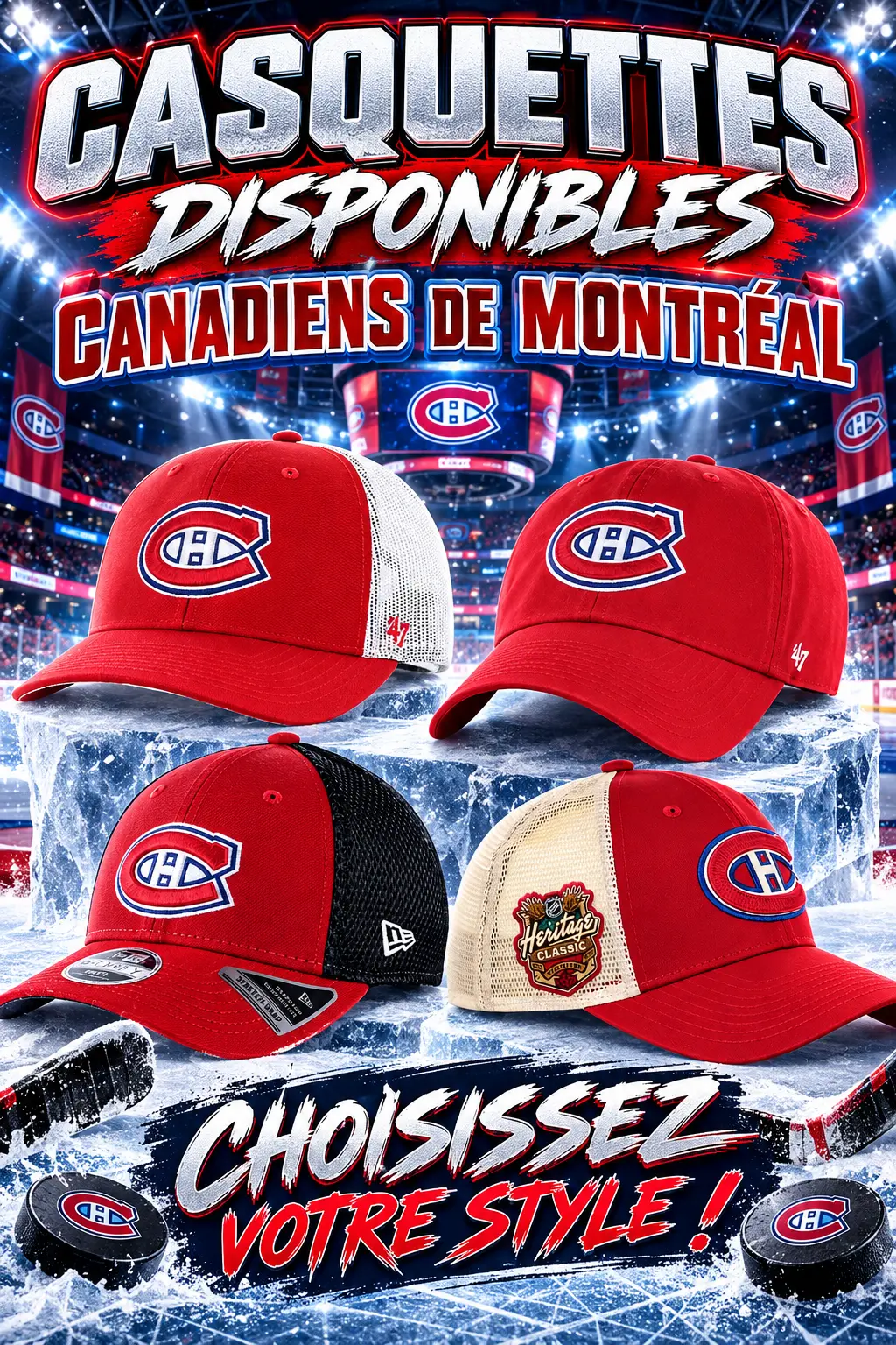 Affiche « Casquettes disponibles » : quatre casquettes des Canadiens de Montréal posées sur des blocs de glace, avec palettes et rondelles, sous le titre « Choisissez votre style ! »