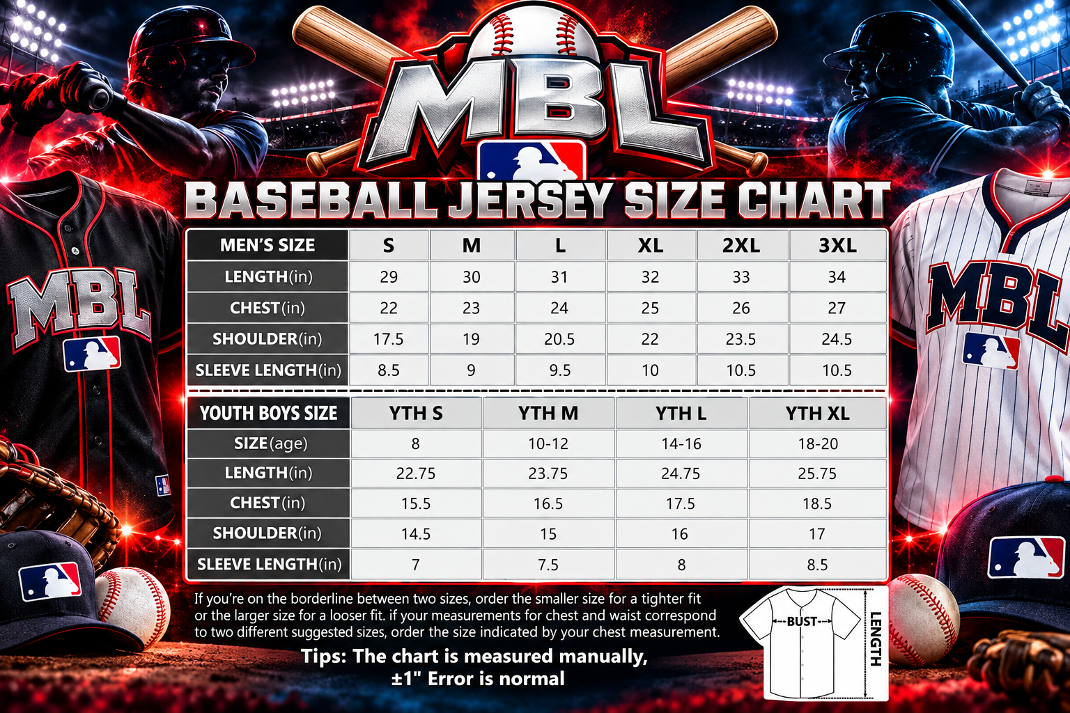 Tableau des tailles baseball en pouces : hommes du S au 3XL, enfants du S au XL